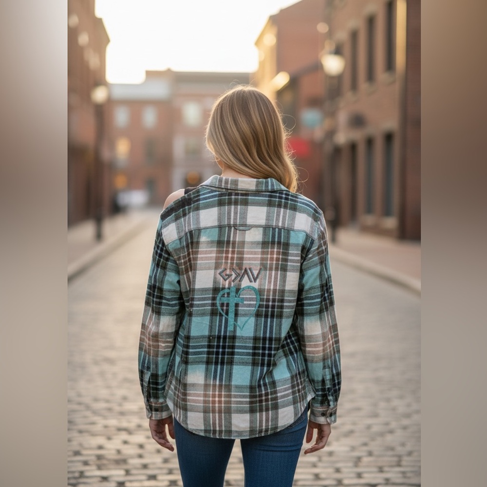 Upcycled Casual Plaid Flannel Button Down Shirt with Hand Painted Design